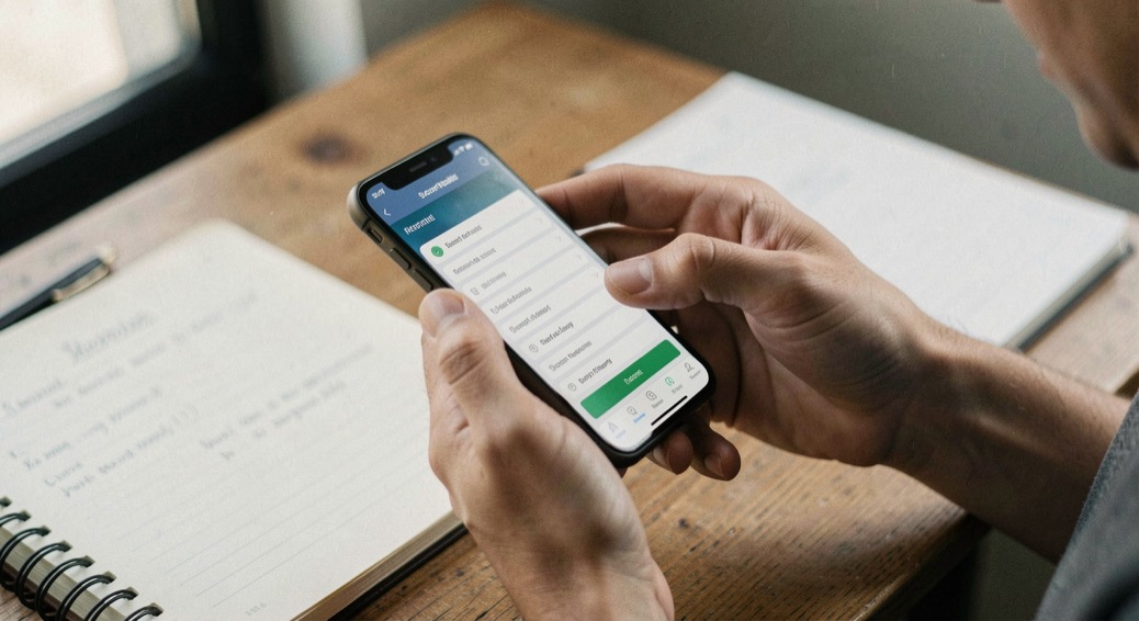 A person reviewing account recovery options on a phone beside a notebook