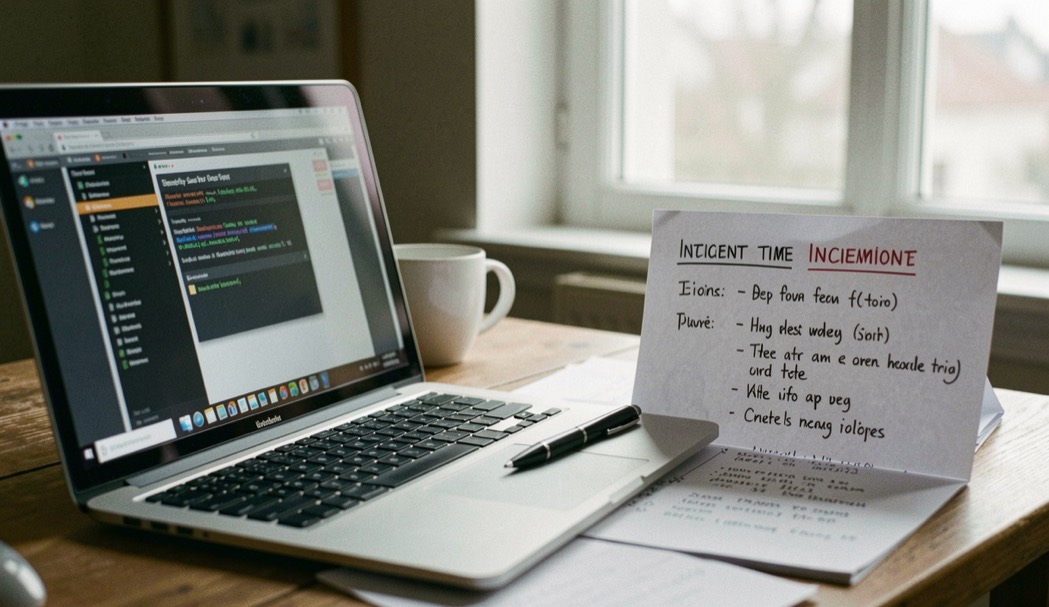 A laptop security scan in progress beside a written incident timeline