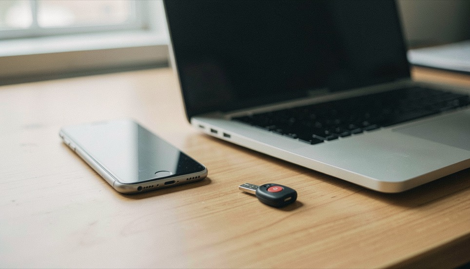 A phone and laptop beside a small security key on a quiet desk